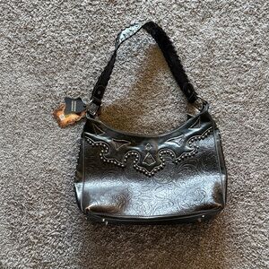 Stud-Embellished Black Shoulder Bag with Embossed Pattern